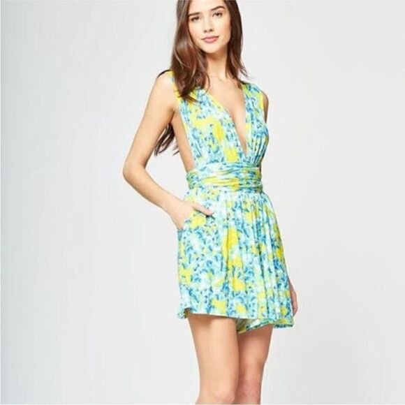 Yumi Kim Blue Yellow Floral Versatile Halter Romper | Size M - Picture 1 of 7